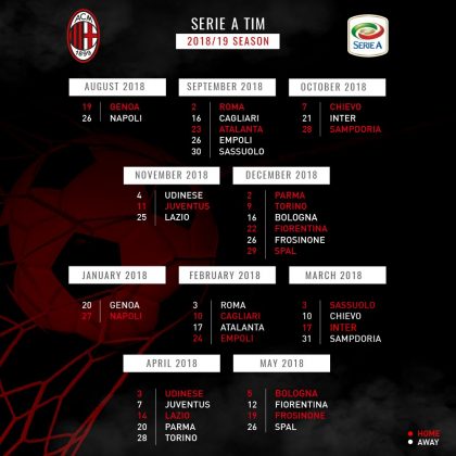 Milan&rsquo;s 2018-19 Serie A calendar