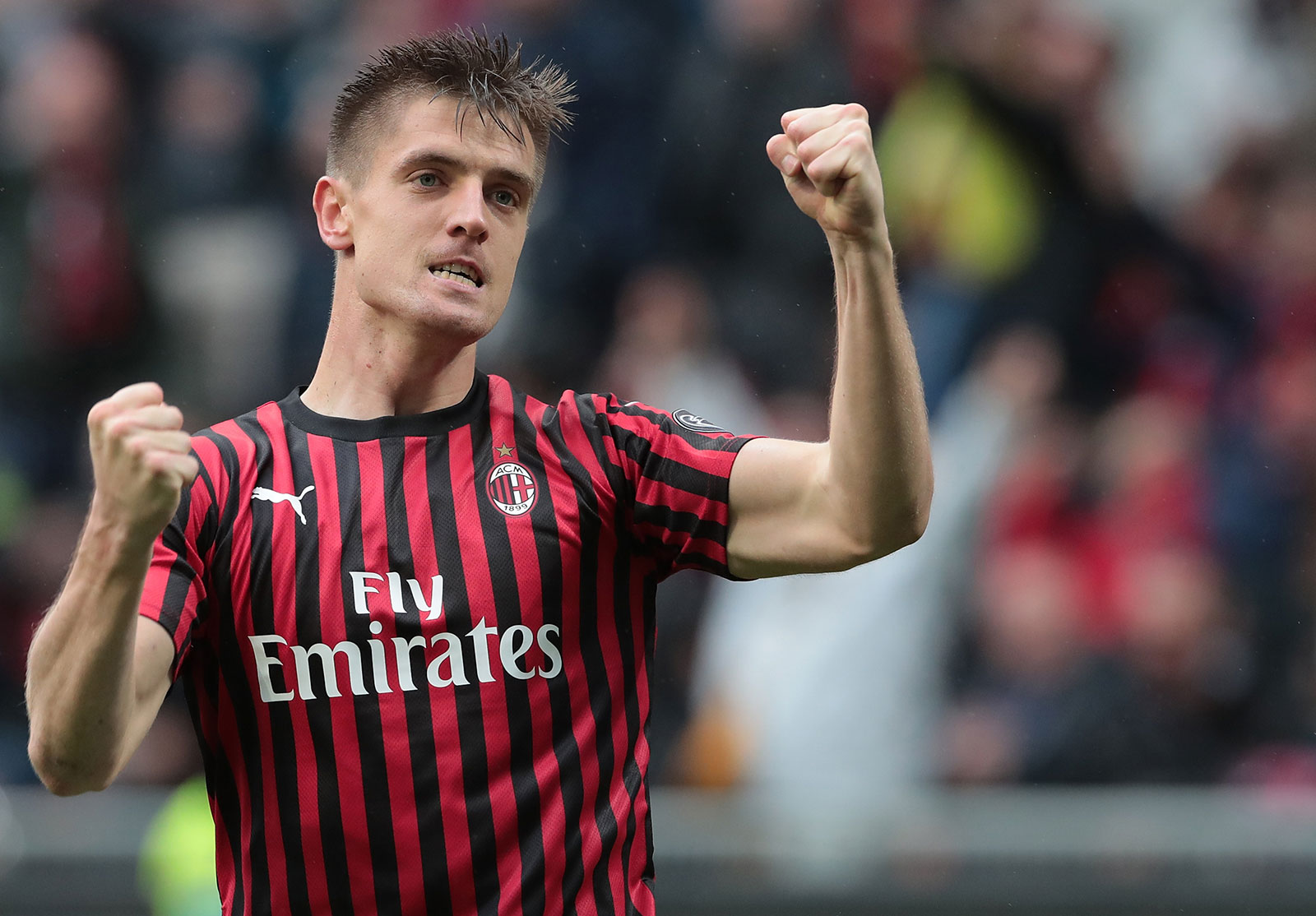 Krzysztof Piątek celebrating during Milan-Frosinone at Stadio San Siro on March 19, 2019. (Photo by Emilio Andreoli/Getty Images)